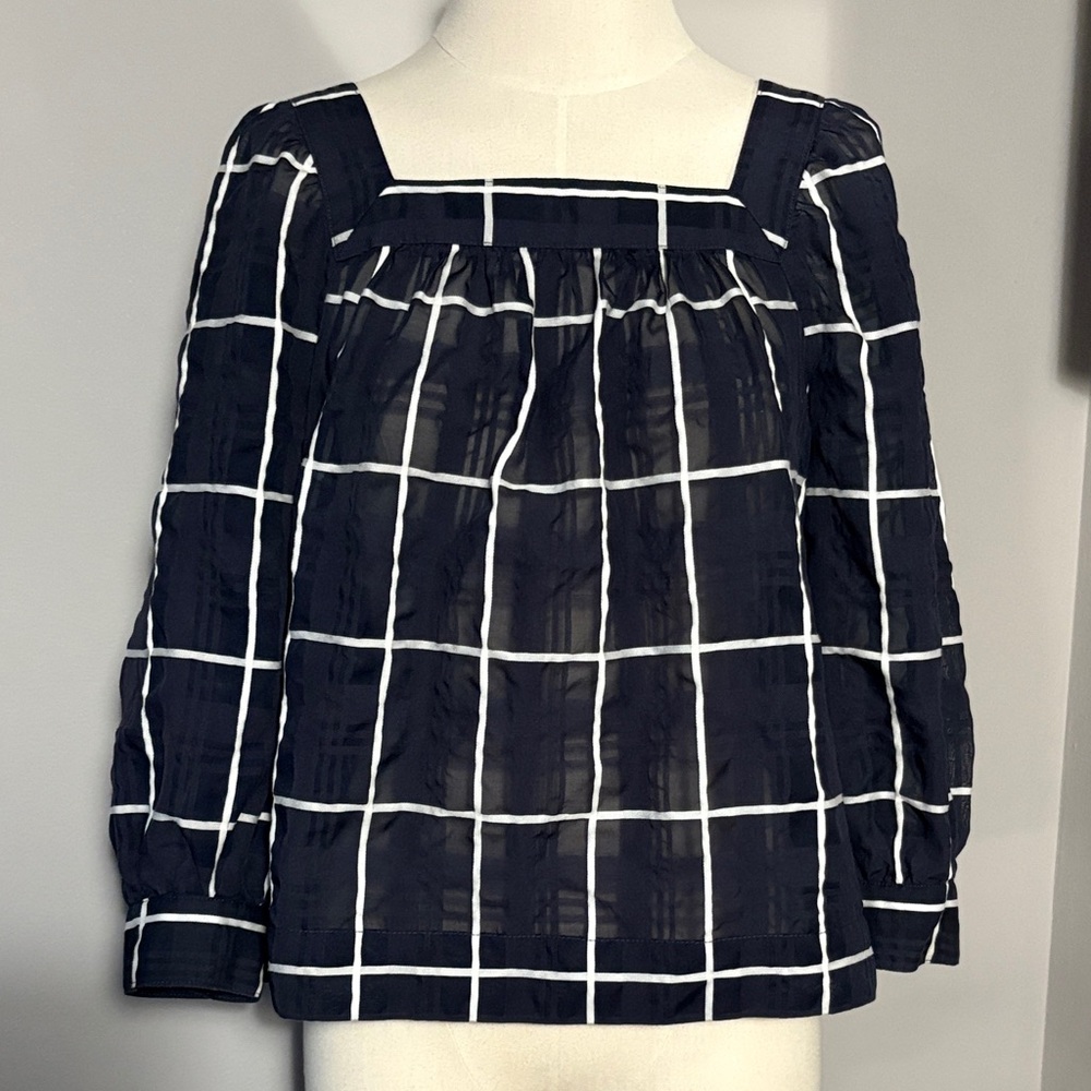 J Crew Size 10P Navy Blue White Windowpane Plaid Blouse 10 Petite